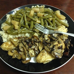 Whiting Fillets Sauteed in White Wine with Mushrooms with Southern Green Beans with Whole-Grain White Rice