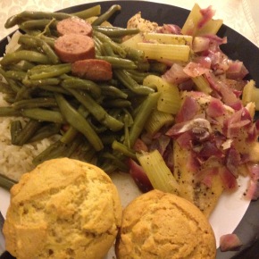 Healthy Eating . . . Lemon-Pepper Whiting Filets Garnished with Celery and Red Onions in Natural Juices, Whole Green Beans Over Jasmine Rice, and Butter-Cheese Muffins . . . The Muffins are from scratch–they were good but not perfect yet.  I’m refining the recipe . . .