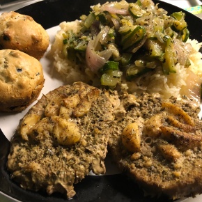 On the Doctor’s Table . . . “Organic Baked Marinated Garlic and Oregano Turkey Steaks, Basil-Butter Zucchini and Red Onion Medley Over Jasmine Rice, and Blueberry Muffins”
