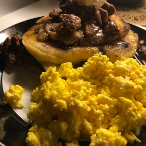 On the Doctor’s Table . . . “Blueberry-Lemon Pancakes Topped with Honey-Roasted Pecans and Ricotta Cheese with Scrambled Organic Eggs with Cheddar Cheese”